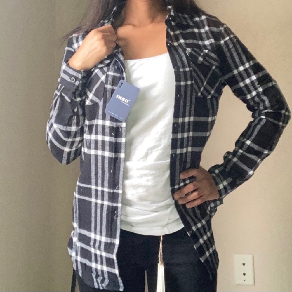 Inso Collection Black and White Plaid Flannel Long Sleeve Shirt